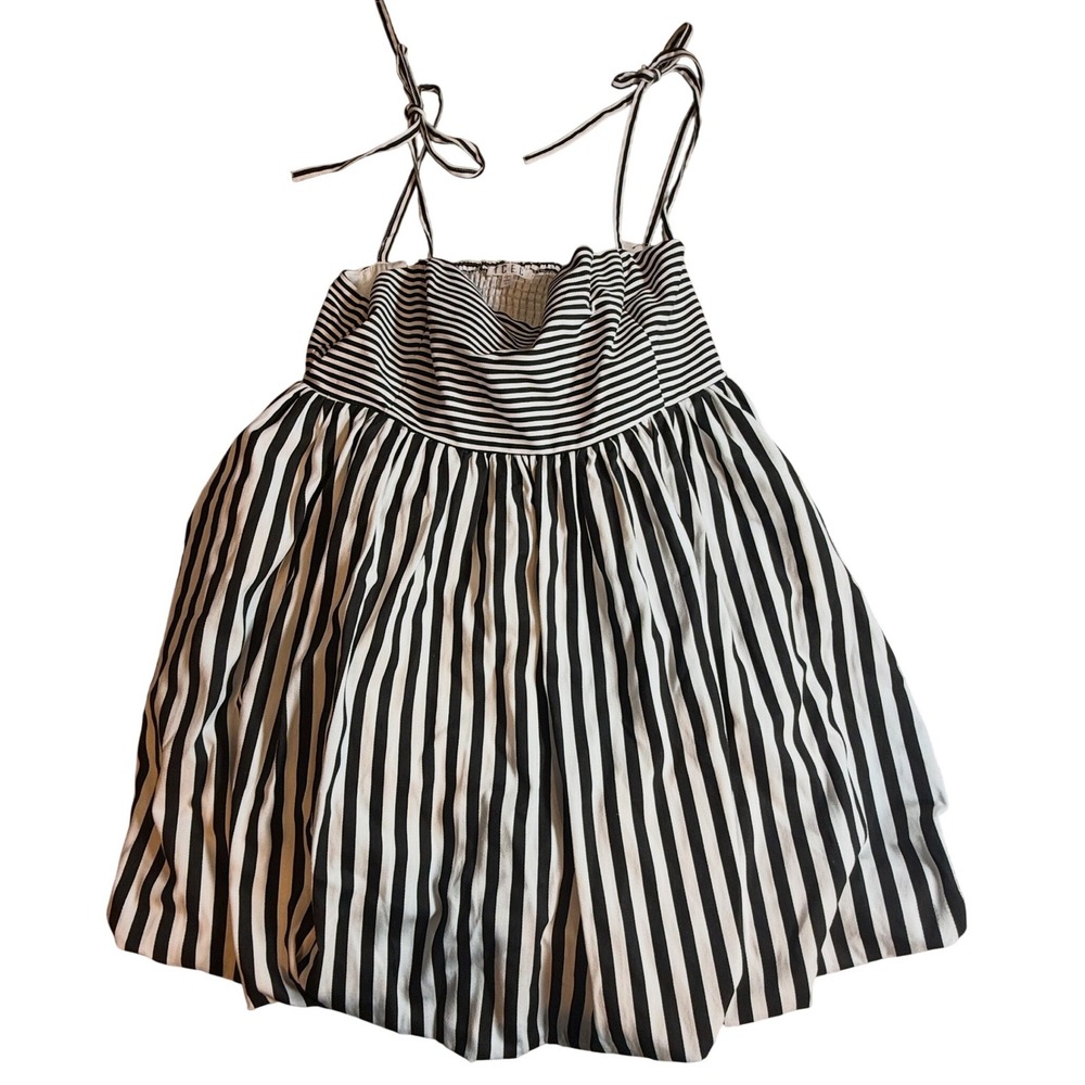 TCEC Black White Striped Smocked Babydoll Bubble Hem Mini Dress Large Womens
